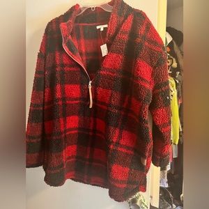 Cozy Red & Black Plaid Sherpa Half-Zip Sweater